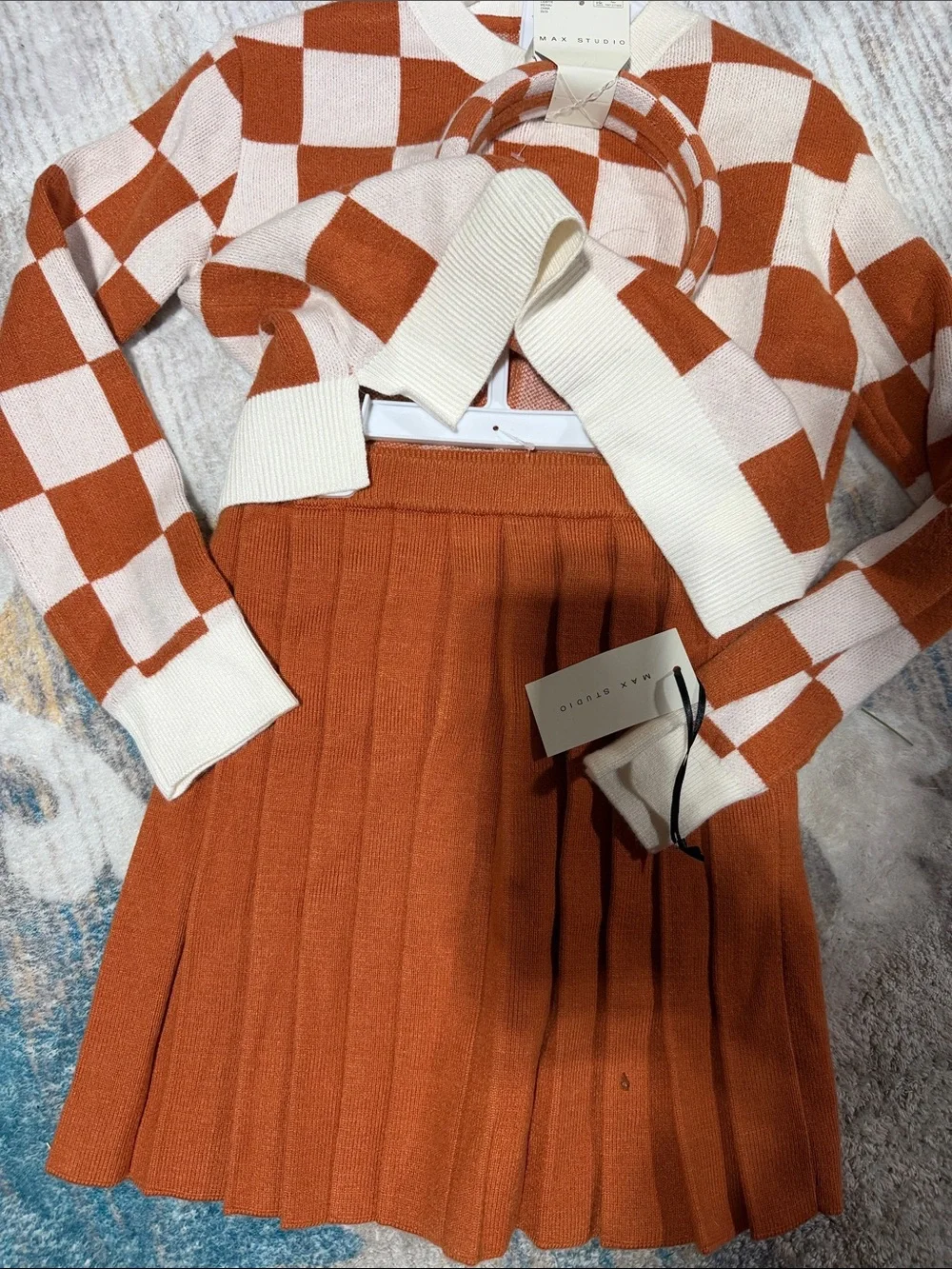 Fall- Checker Knit Crop Sweater & Pleated Skirt Set in Rust and Cream size 7/8